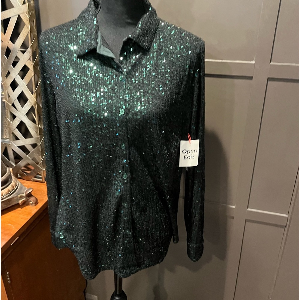 Open Edit Sequin Button Up Shirt Green Size Medium $35